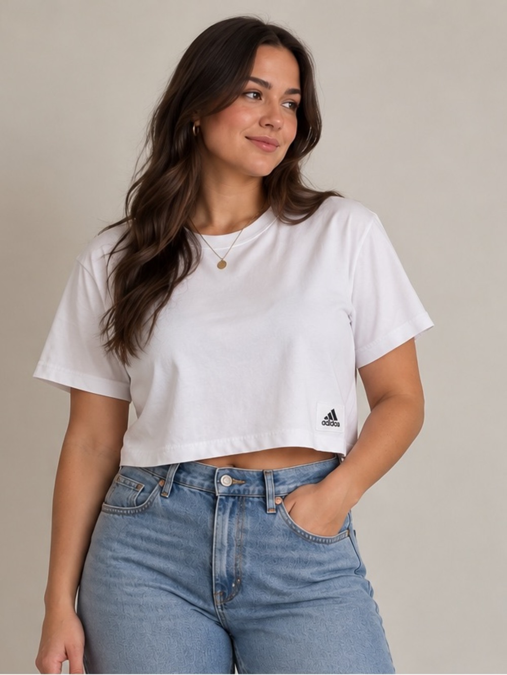 Adidas Womenโs White Cropped Tee